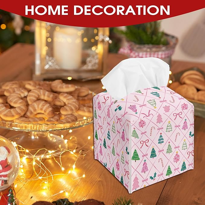 Pink Christmas Trees and Bow Tissue Box Cover Holder, Christmas Tissue Box Cover Square, Xmas Gift Ideas for Family Friends, Bathroom Kitchen Car Office Home Table Decor(5.2 Inches)-B11