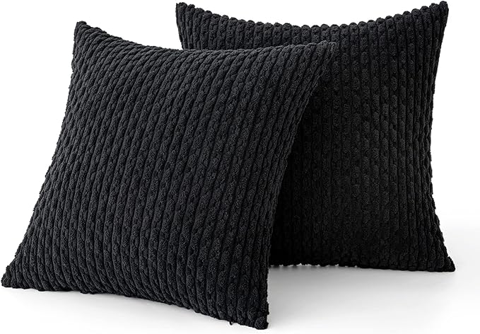 MIULEE Pack of 2 Decorative Throw Pillow Covers 18x18 Inch Soft Boho Striped Textured Corduroy Pillow Covers Modern Farmhouse Home Decor for Couch Bed Sofa Living Room Black
