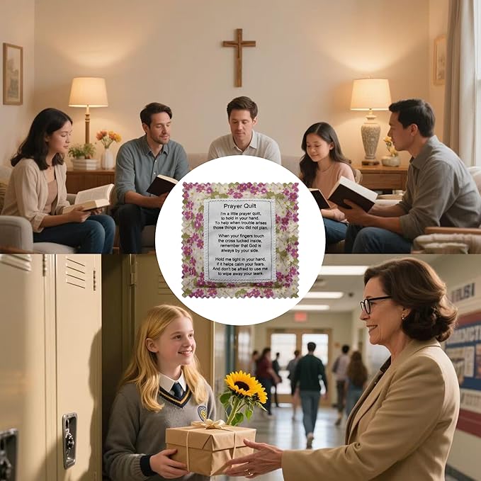 Mini Prayer Quilt with Cross Inside Vintage Pocket Scripture Prayer Quilt Squares Sympathy Christian Gifts for Women Pastor Appreciation Father's Day Graduates Gifts (Purple)