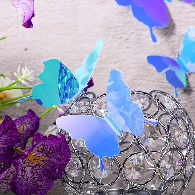 BBTO 48 Pieces Butterfly Wall Decor DIY 3D Mirror Butterfly Stickers Removable Decals Crafts for Birthday Party Bedroom School Bathroom Living Room Decor(Blue)