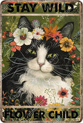 snowsun Vintage Metal Signs Cat Stay Wild Flower Child Funny Tin Sign Home Decor Wall Plaque for Living Room Bedroom Garden Yard Cafe Garage 8×12 Inches