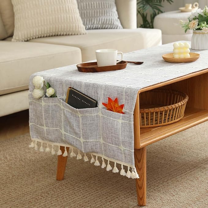 SIELUNO Coffee Table Cover, Rustic Farmhouse Rectangle Table Cloth Cotton Linen Waterproof with Pockets and Tassel for Living Room Decoration - Grey Small Plaids - 20x60 Inch