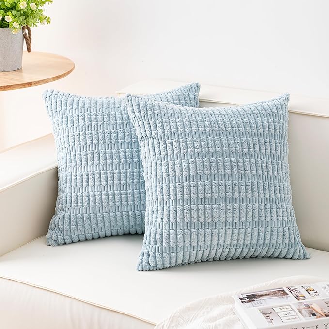 Aegero Pack of 2 Corduroy Decorative Throw Pillow Covers 20x20 Inch Soft Striped Pillow Covers Modern Farmhouse Home Decor for Sofa Living Room Couch Bed（Sky Blue）