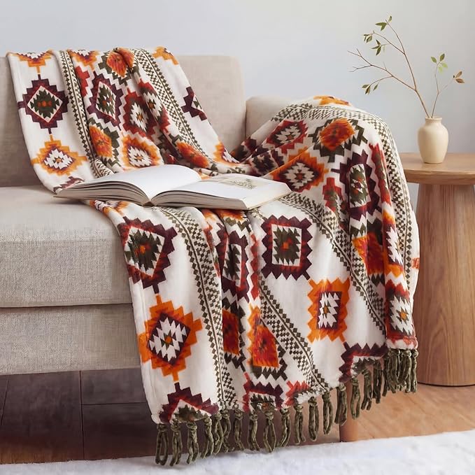 CASAAGUSTO Boho Throw Blanket - Orange and Green Decorative Blankets with Tassel, Printed Flannel Bohemian Blanket for Chair, Bed, Sofa, Couch(60 * 80, Orange and Green)
