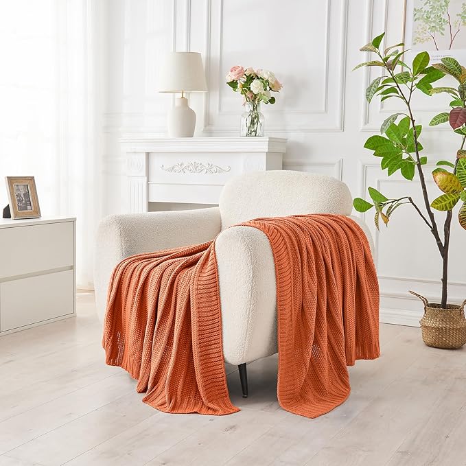 Douceur Orange Throw Blanket for Bed, Soft Cozy Lightweight Stripe Pattern Knitted Throw Blanket for Sofa, Living Room Gift, 50"X60"