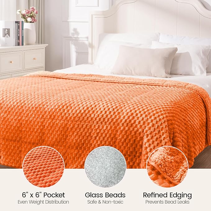 Super Fuzzy Soft Fleece Sherpa Weighted Blanket 15 lbs for Adults, 3D Imitation Turtle Shell Luxury Weighted Throw for Better Sleep, Dual Sided Cozy Heavy Blankets for Couch Bed, Orange, 60" x 80"