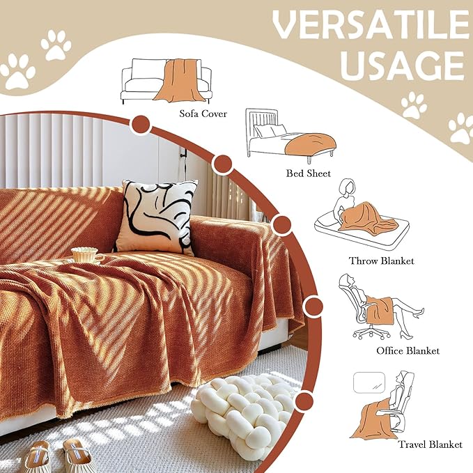 HANDONTIME Brunt Orange Couch Covers for 3 Cushion Couch Sofa Washable Corduroy Jacquard Sofa Slipcovers Caramel Couch Cover for Kids Soft Chenille Sofa Covers Couch Cover Blanket Thick, 71" X118"