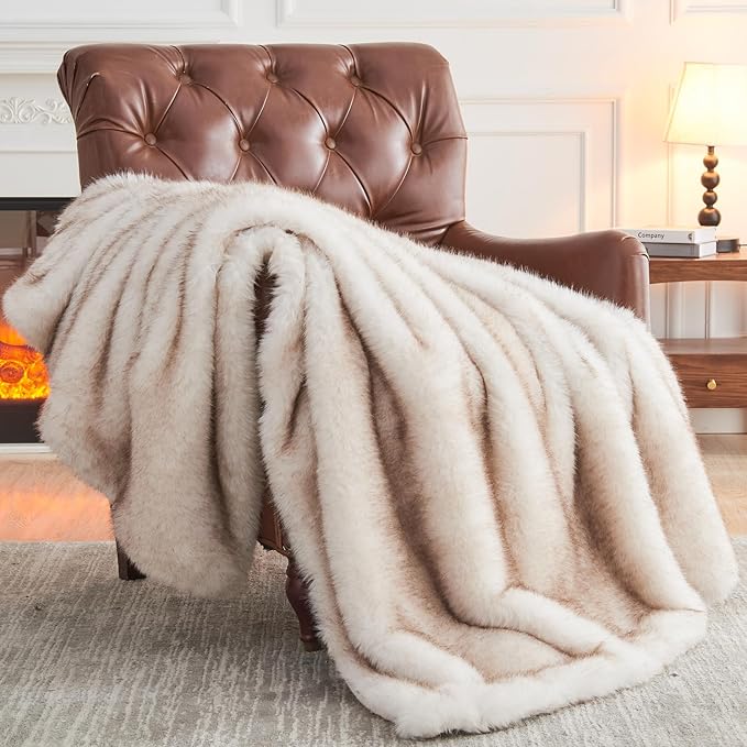 NEWCOSPLAY Faux Fur Throw Blanket Beige Luxury Fluffy Thick Warm Blanket for Couch Sofa Bed 1000GSM (Beige Thick, Throw(50"x60"))