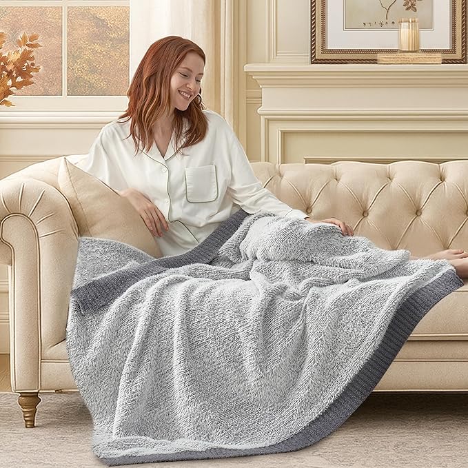 Amélie Home Knit Throw Blanket for Couch, Super Soft Fuzzy Cozy Throw, Giftable Knitted Blanket for Women Men, Birthday, Sofa Bed Living Room Decor, 60" x 80", Heather Grey