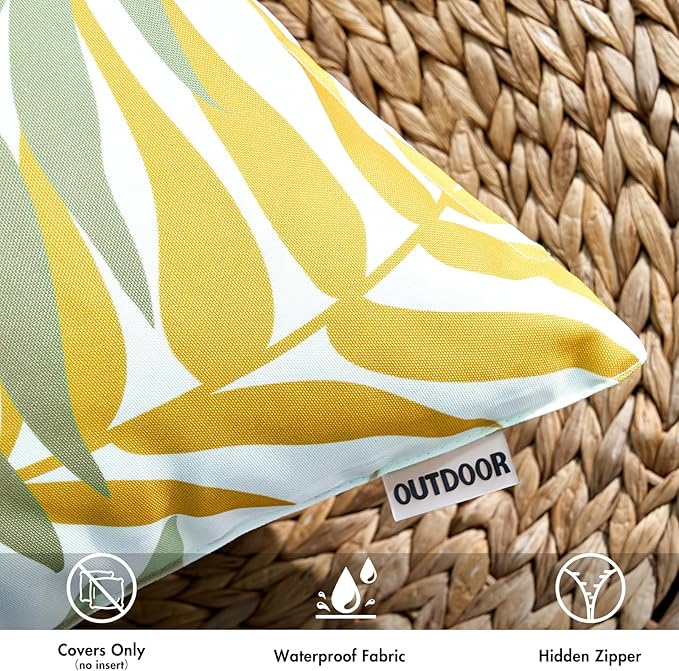 MIULEE Pack of 2 Decorative Outdoor Waterproof Throw Pillow Covers Patio Pillow Cases Natural Leaves Pattern Spring Square Cushion Shams Shell for Garden Balcony Couch 12x20 Inch, Green&Yellow
