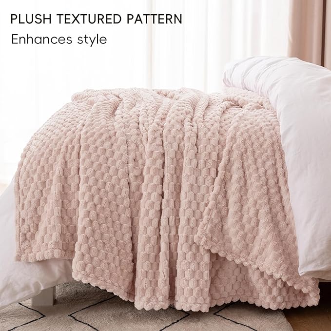 PHF Ultra Soft Flannel Fleece Blanket Queen Size, Lightweight 3D Jacquard Fleece Blanket, No Shedding, No Pilling, Luxury 340GSM Aesthetic Fluffy Cozy for Bed Room Decor, 90"x90", Rose Smoke