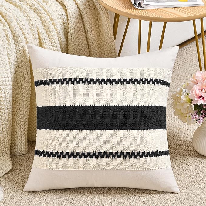 Fancy Homi Set of 1 Boho Black Big Decorative Throw Pillow Cover 24x24 Inch for Couch Bed Bedroom, Aesthetic Modern Organic Farmhouse Room Decor, Soft Cotton Accent Macrame Woven Cushion Case