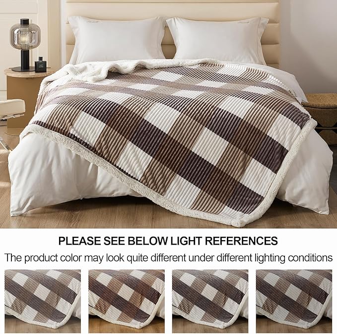 Sherpa Fleece Throw Blanket for Couch, Fluffy Plush Warm Fuzzy Blanket for Women and Men, Cozy Thick Soft Twin Blanket for Bed, Beige, 60x80 Inches
