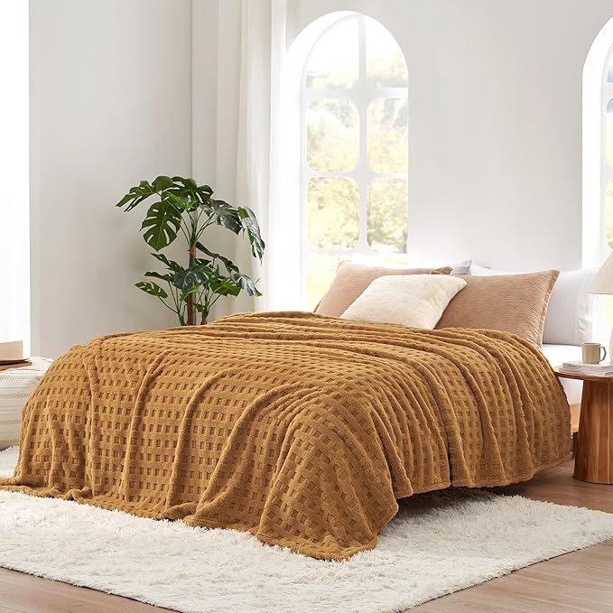 Cozy Bliss Ultrasoft Waffle Throw Blanket, Fluffy Cute Plush Blanket for Couch, Bed, Modern Home Accent, Portable for Picnic or Outdoor, Brown, 108"x90"