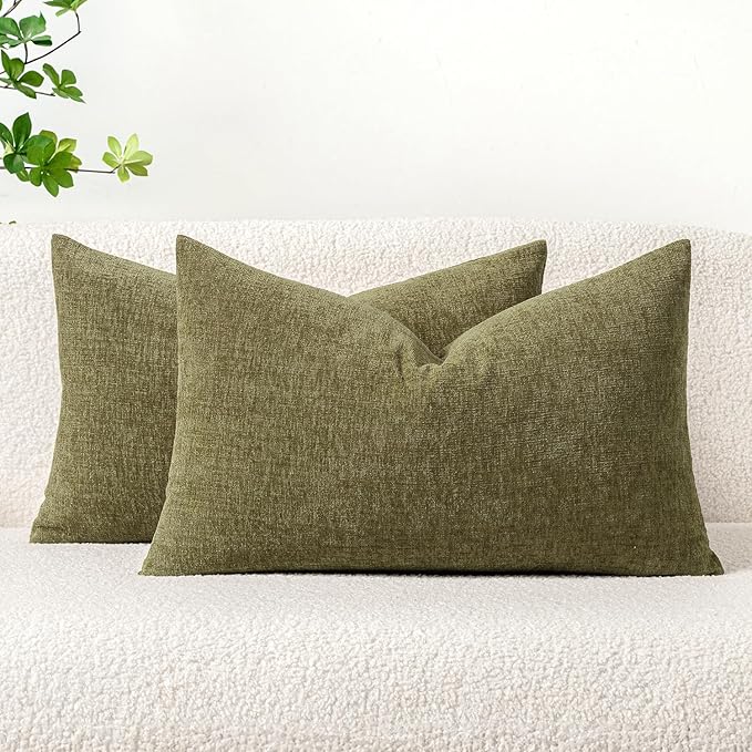MIULEE Pack of 2 Couch Throw Pillow Covers 12x20 Inch Soft Olive Green Chenille Lumbar Pillow Covers for Sofa Living Room Solid Dyed Cases