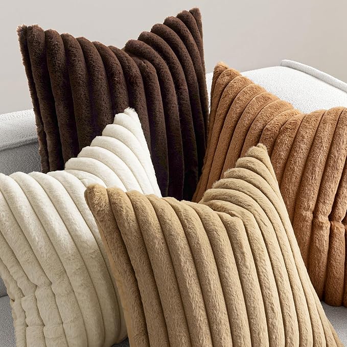 MIULEE Faux Fur Plush Decorative Throw Pillow Covers 18x18 Set of 4, Boho Farmhouse Soft Fuzzy Striped Cushion Covers for Sofa Couch Bed Living Room Vintage Rustic Home Decor,Brown