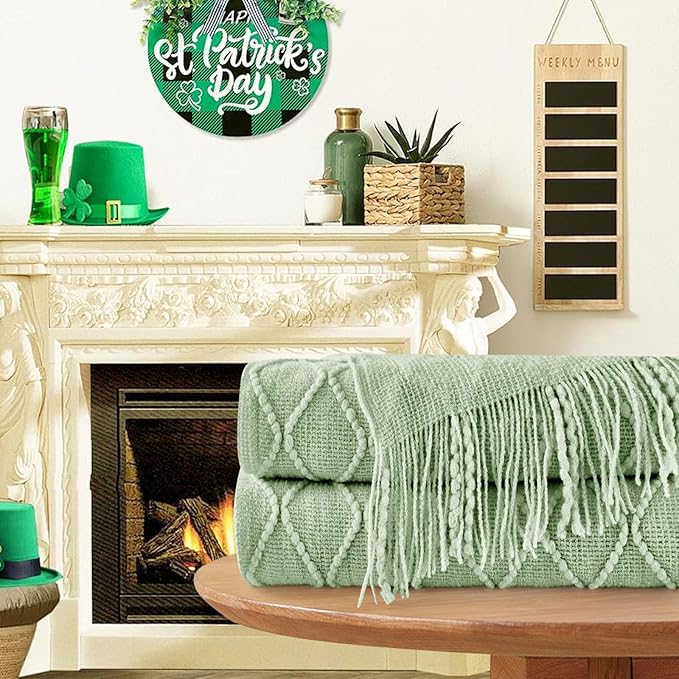 inhand Basil Green Knitted Throw Blanket for Couch and Bed, St. Patrick’s Day Lucky Spring Gifts Throw for Her or Him, Soft Farmhouse Woven Blanket with Tassel, Lightweight Decorative, 60"x80"