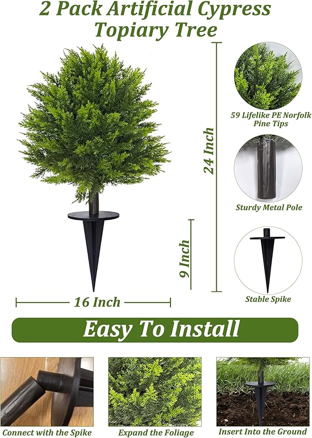 2 Pack 24”Artificial Topiary Ball Tree with Spike Soft Cypress Realistic Faux Cedar Pines Spring Trees UV Rated Fake Shrubs for Spring Pot Fillers Front Door Porch Indoor Outdoor Decor