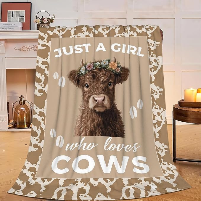 Highland Cow Throw Blanket - Soft Plush Fleece Farm Animal Bedding Blankets- Cozy Cow Print Stuff Gifts for Women Girls Kids 60"X80"