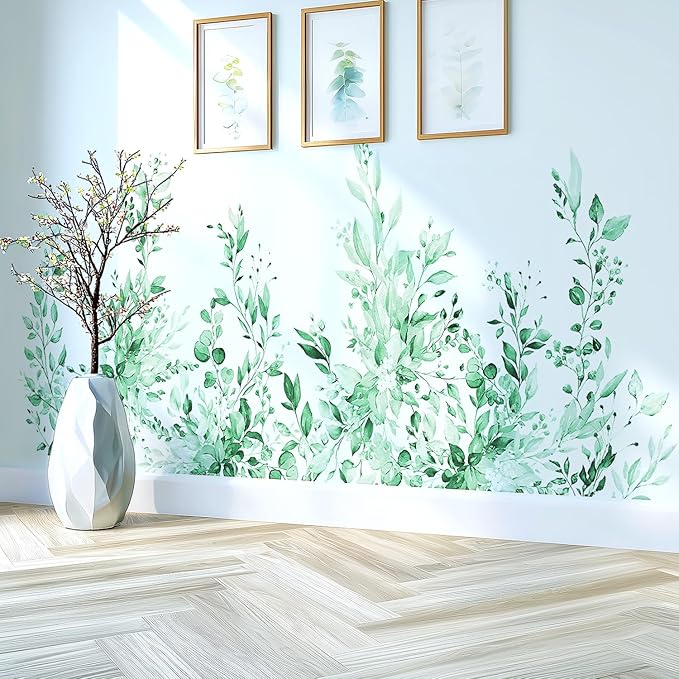 Mint Green Plants Leaves Wall Decals Peel and Stick, Large Floral Flowers Vinyl Wall Stickers, Removable Vine Home Decor Art for Bedroom Living Room Classroom Office