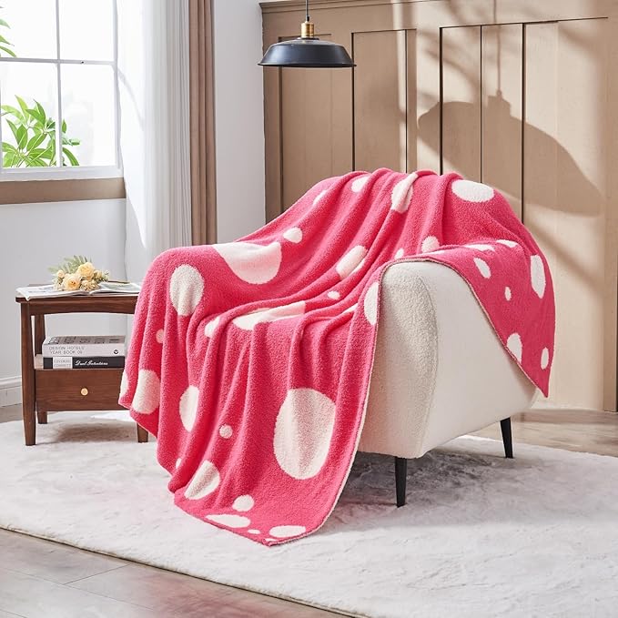 CozeCube Super Soft Fullfy Microfiber Reversible Knitted Blankets, Warm Cozy Fuzzy Plush Throw, Hot Pink and White Polka Dot Throw Blanket for Couch Bed Sofa, 60" x 80"