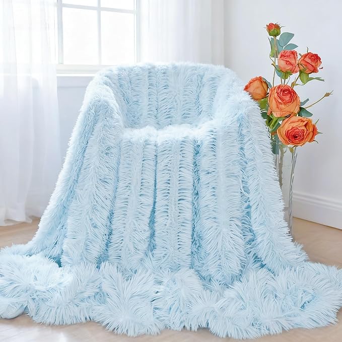 Plush Super Soft Blanket Bedding Sofa Cover Furry Fuzzy Fur Warm Throw Qulit Cozy Couch Blanket for Winter (51"x63", Light Blue)