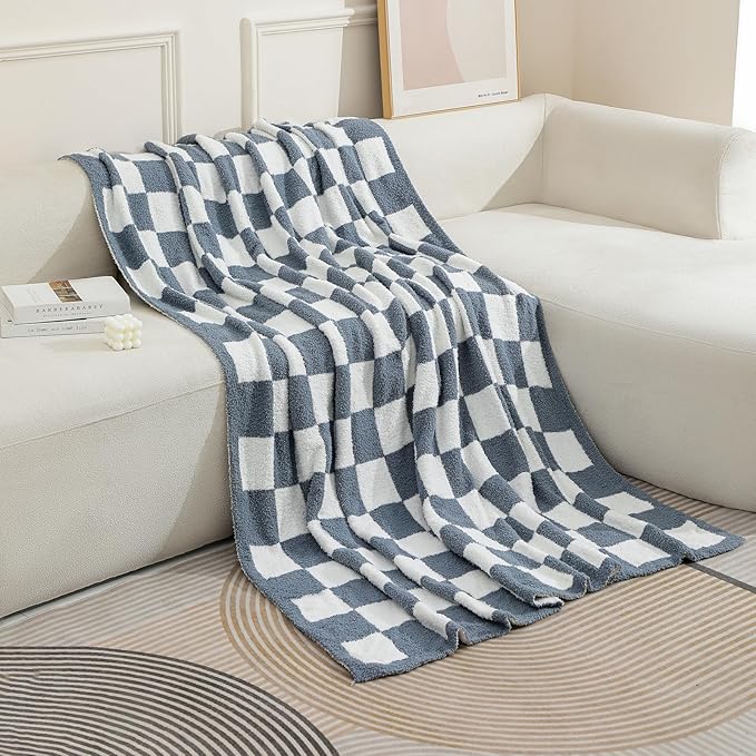 bearberry Fuzzy Checkerboard Grid Throw Blanket Knitted Soft Cozy Warm Microfiber Blanket Decor for Couch Sofa Bed Travel Home (Charcoal Grey, 50''x60'')