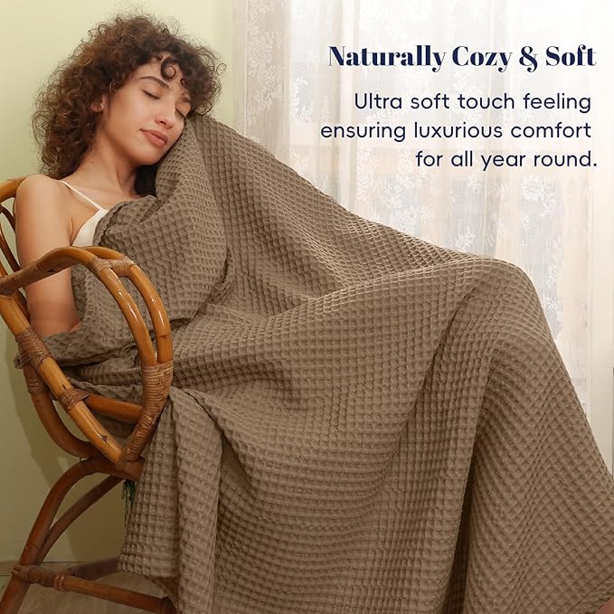 PHF Ultra Soft Waffle Weave Throw Blanket 50"x 60"- Washed Lightweight Breathable Cozy Woven Blanket for Bed - Aesthetic Decor for Couch Bedding Sofa Home Car - Mocha