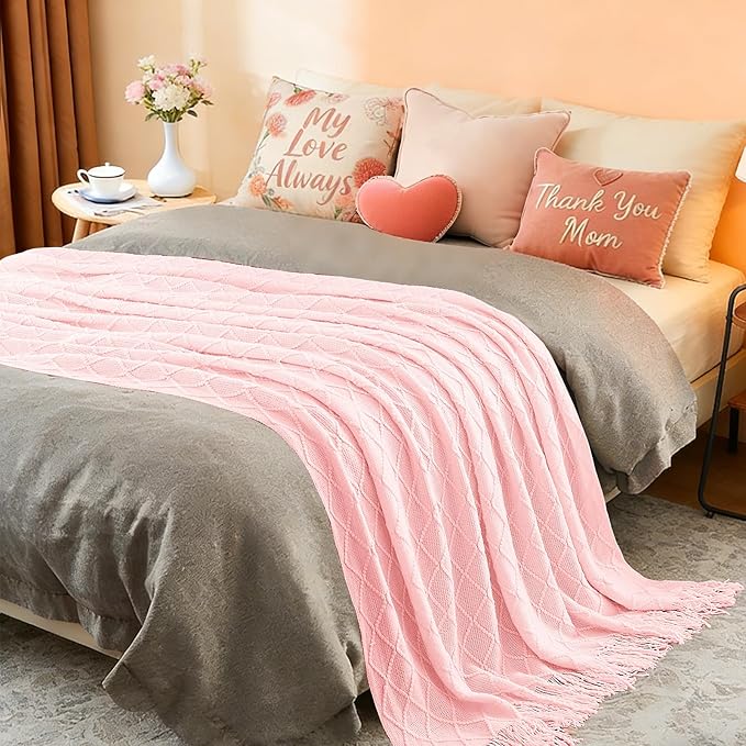 inhand Pink Knitted Throw Blanket for Couch Bed,Mothers Day/Mom Birthday Gifts for Mom from Daughter Son,Romantic Decor for Her Him Girlfriend Wife, Farmhouse Warm Woven for Women,60"x80"