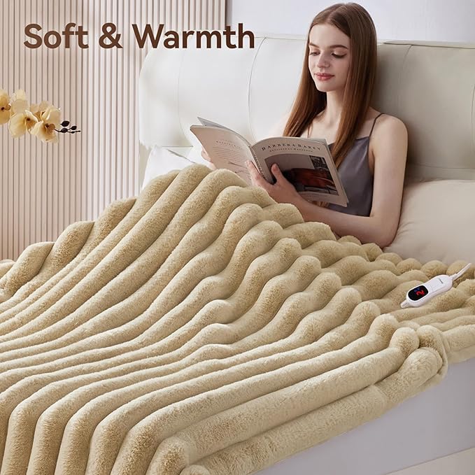 Heated Blanket King Size, Faux Fur Cozy Heating Blanket with Overheat Protection, 1/2/4/6/8 Hours Auto-Off 10 Heat Level, Machine Washable (90x100 Inches, Beige)