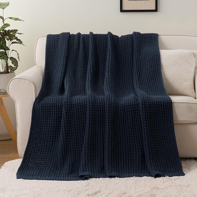 Bunnikins & Clover Navy Blue Throw Blanket for Couch, Knitted Blue Blanket Throw 50''x60'', Super Soft Waffle Navy Throws for Chair Sofa Home Decor