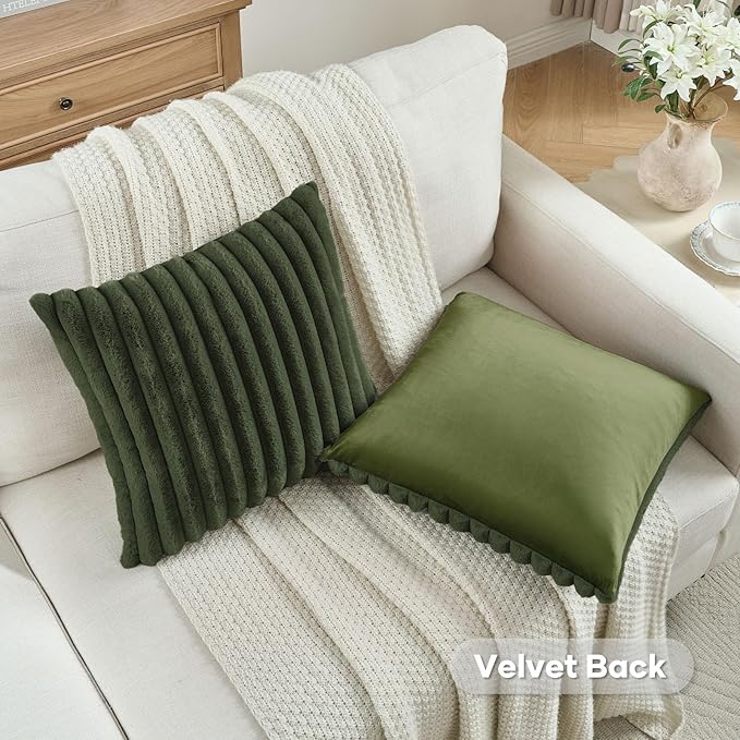 FUTEI Olive Green Decorative Throw Pillow Covers Set of 2, 16x16 Inch Soft Fluffy Faux Fur Plush Striped Cushion Cases, Modern Home Decor for Couch Bed Living Room
