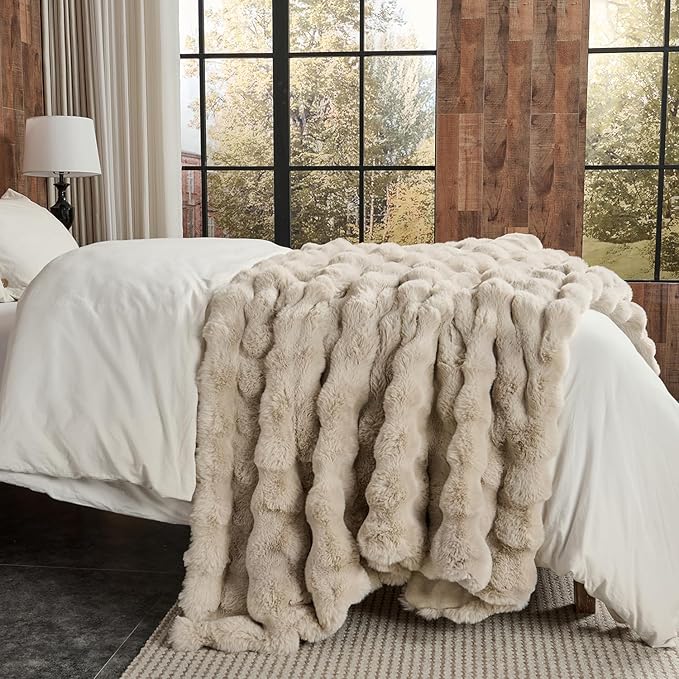 Lotus Karen Faux Fur Throw Blanket Linen - 800 GSM Bubble Rabbit Fluff Blanket for Couch Bed Sofa,Softest Fluffy Fuzzy Cozy Blanket,Thick Furry Plush Shaggy Warm Blankets for Women,90x90 Inches