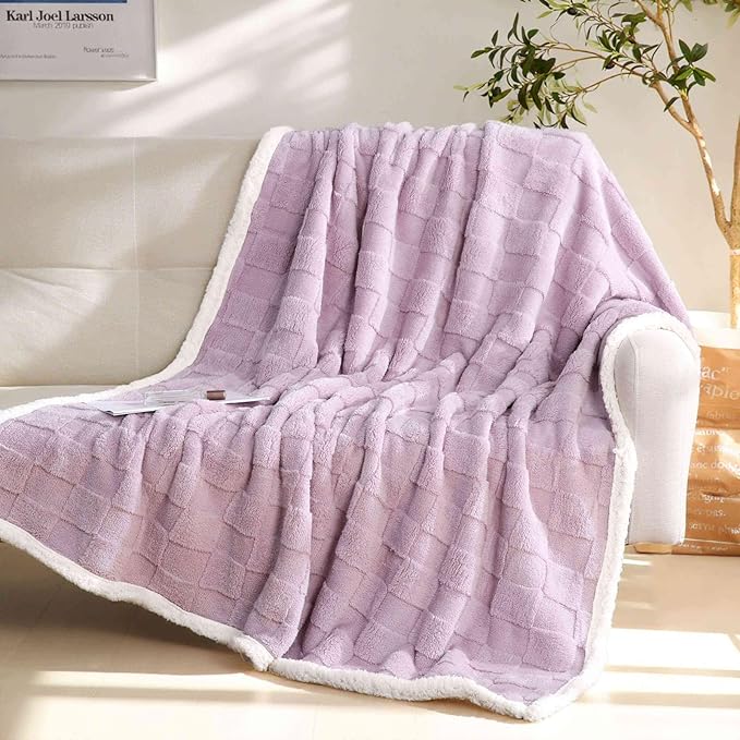 Sherpa Throw Blanket for Couch, Flannel Cozy Soft Thick Blanket for Bed - Fleece, Purple, 60x80 Inches