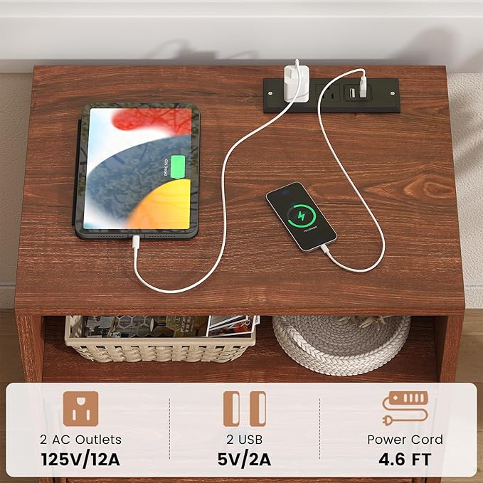 Farmhouse Nightstand with Charging Station, 21.7" Wide End Table with 2 Drawers & Open Compartment, Cherry Wood Side Table, Bedside Table for Bedroom, Living Room, Sofa