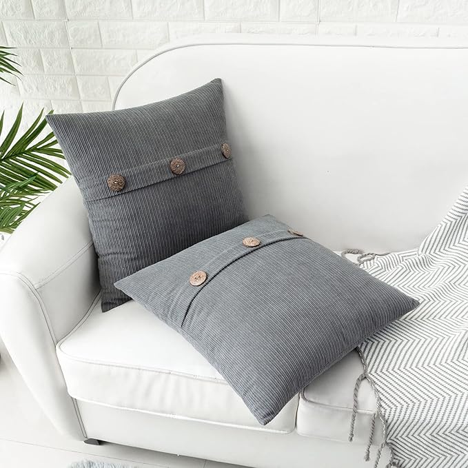 HWY 50 Gray Grey Chenille Throw Pillow Covers 22x22 Inch with Triple Buttons, Soft Farmhouse Accent Decorative Cushion Cases for Couch Sofa Bed Living Room Bedroom Pack of 2