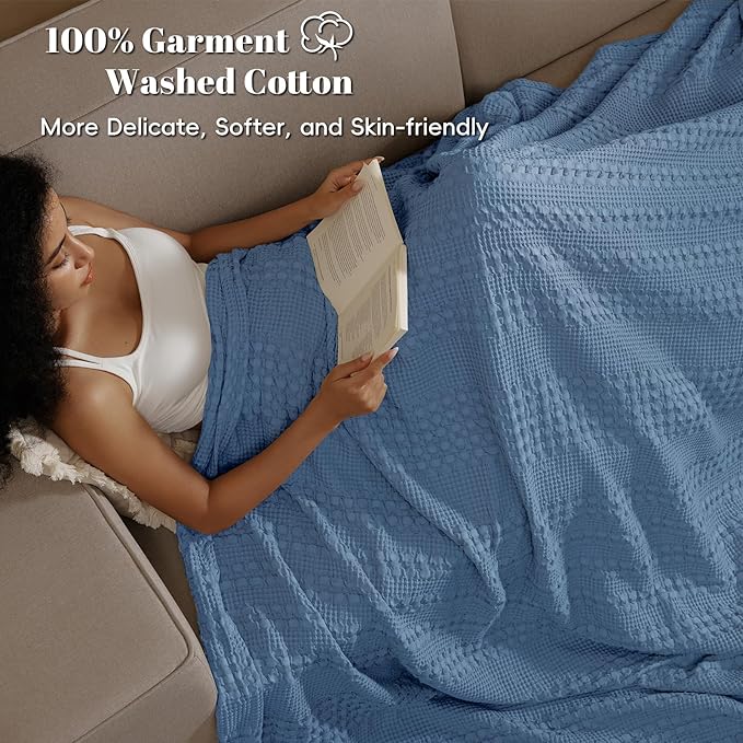PHF 100% Cotton Waffle Weave Blanket King Size for Bed, Soft Lightweight & Breathable for Spring and Summer, All-Season Comfort, Luxury Aesthetic Blanket for Home Decor, 108"x90", Denim Blue
