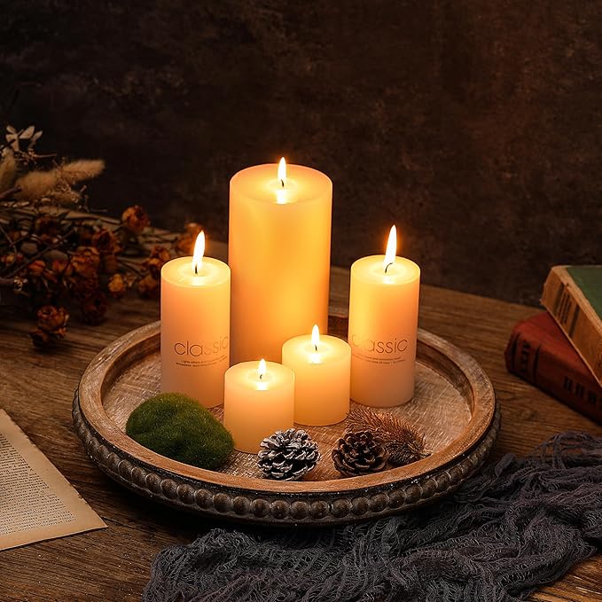Wooden Coffee Table Tray Decor, Round Decorative Tray Brown Beaded Distressed Rustic Farmhouse Centerpiece for Dining Room Entryway Kitchen Counter Candle Holder Organizer