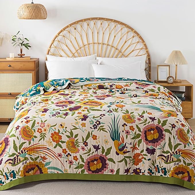 Spring Boho Throw Blanket,100% Cotton Muslin Blankets for Bed,Cozy Floral GreenThrow Blanket,Reversible Bohemian Throw Blankets for Couch,Farmhouse,Golden Phoenix,60"x80"