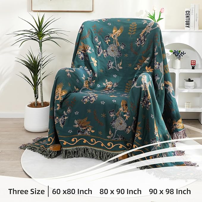 Boho 100% Cotton Large Throw Blanket - All Season Rustic Ultra Soft Breathable Floral Bird King Blanket for Bed Sofa Couch Chair Bedspread Quilt Gift, 91" x 98"-Teal/Beige