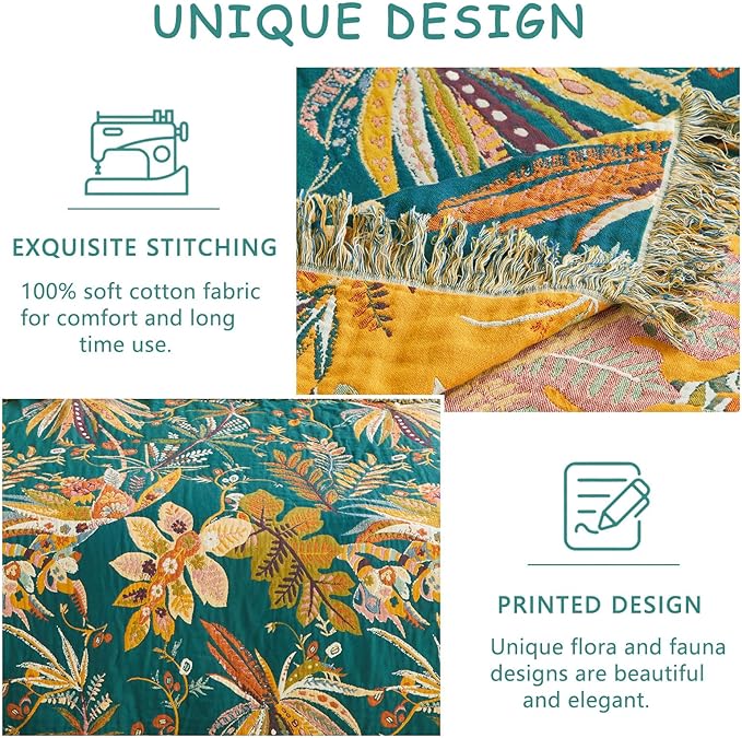 Boho Throw Blanket - 60"x80" Soft Cotton Throw Blanket Muslin Blankets for Bed, Reversible Lightweight Spring Blanket with Floral Printed, All Season Farmhouse Decor Rustic Blanket