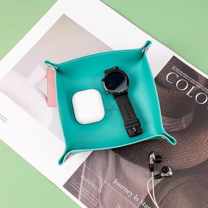 SANQIANWAN PU Leather Arc Edge Jewelry Valet Tray for Man and Women, Portable Mini Entryway Table Tray Bedside Nightstand Desk Tray Small Travel Dish Plate for Key,Wallet,Watch,Coin (WaterGreen)
