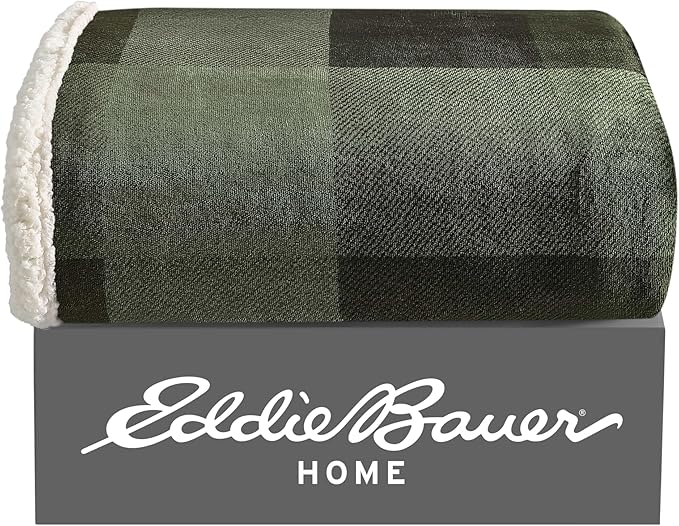 Eddie Bauer - Throw Blanket, Brushed Fleece & Plush Sherpa Bedding, Blanket for Couch & Bed (Pine Plaid Green, 50" x 60")