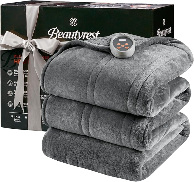 Beautyrest Heated Blanket, Electric Blanket, Soft, Warm, Reversible Plush - Sherpa Heating Blanket with 20 Heat Settings, 1-10 hrs Timer Auto Shut Off, Machine Washable, Twin (84 inx62 in), Grey