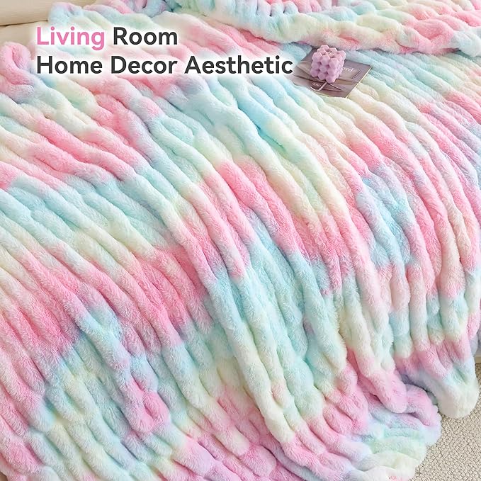 Smoofy Rainbow Throw Blanket for Couch – Ultra Soft Cozy Plush Fluffy Blanket with Faux Rabbit Fur, Fuzzy Lightweight Fleece for Sofa, Bed & Office, Gift for Women, Home Room Decor Throw 50"x 60"