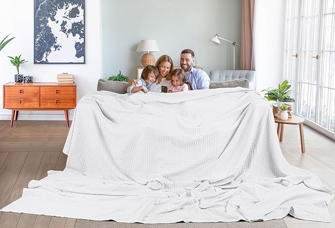Utopia Bedding White 100% Cotton Waffle Blanket 300 GSM [Big - 120x120 Inch] Soft Lightweight Breathable Bed Blanket for All Season