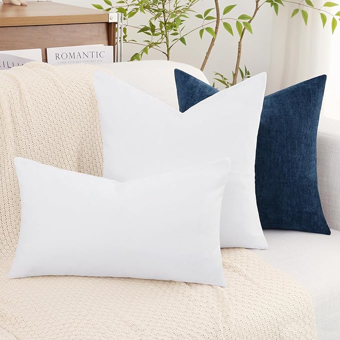 decorUhome Chenille White Throw Pillow Covers 16x16 Inch Set of 2, Decorative Soft Couch Pillow Covers Solid Dyed Accent Farmhouse Neutral Square Pillow Cases for Sofa