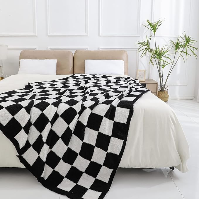 bearberry Fuzzy Checkerboard Grid Throw Blanket Soft Cozy Warm Microfiber All Season Blanket Decor for Couch Sofa Bed Travel Home (Black, 50''x60'')