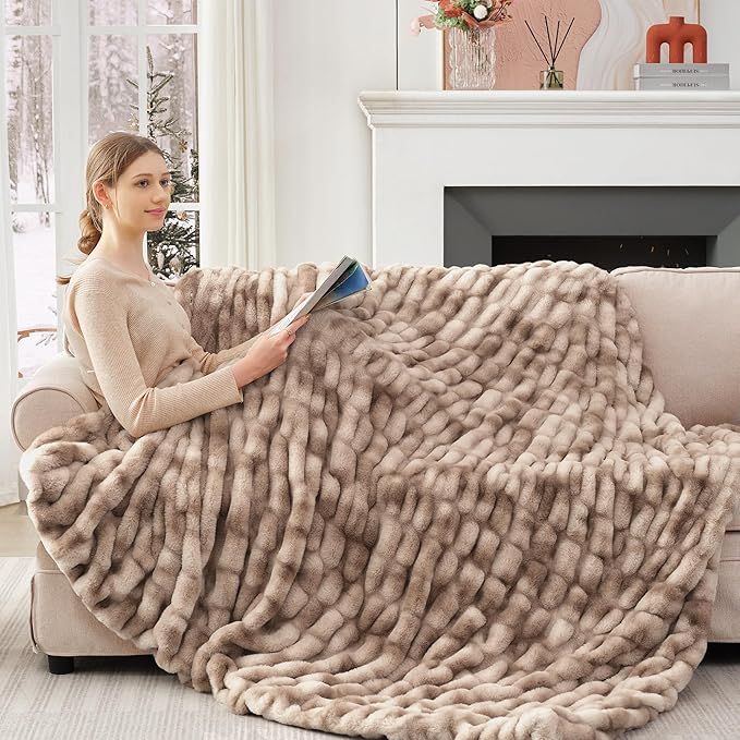Touchat Ruched Faux Rabbit Fur Blanket, 700 GSM Luxury Dual-Sided Soft Cozy Blanket, Fuzzy Fluffy Plush Throw for Bed, Couch and Sofa - 60"x80", Tie-dye Brown