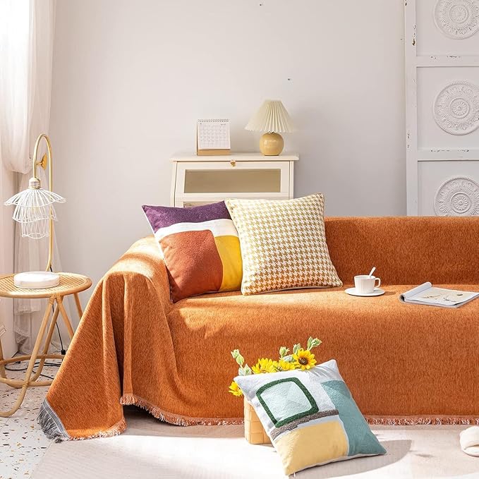 HANDONTIME Loveseat Covers Brunt Orange Sofa Covers for Couch Soft Chenille Couch Cover for Dogs Washable Furniture Protector with Tassel Solid Pet Couch Protector Thick, 71" X134"